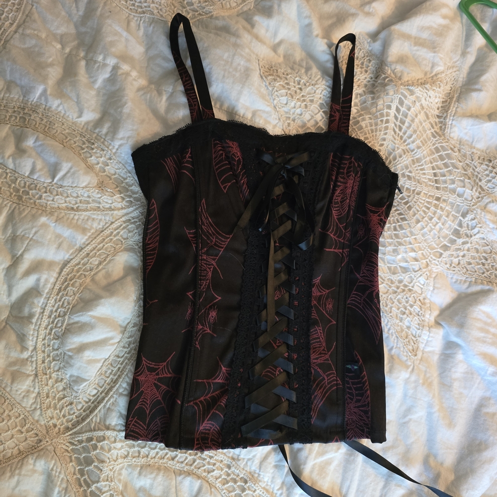 Vintage Tripp NYC Corset Top Hot Topic Mall Goth Black And Red Spider Webs XS